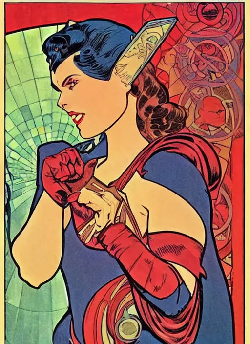 Prompt: a beautiful young woman. she is a superhero, wearing a superhero costume. well composed, clean elegant painting, beautiful detailed face. retro comic book art by steve ditko and jack kirby and ( alphonse mucha )