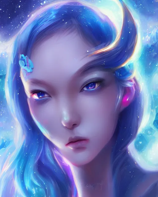 Image similar to A realistic anime portrait of a beautiful cosmic woman with glowing blue eyes and skin made of universes wearing clothes made of galaxies, digital painting, by Stanley Artgerm Lau, Sakimichan, WLOP and Rossdraws, digtial painting, trending on ArtStation, SFW version