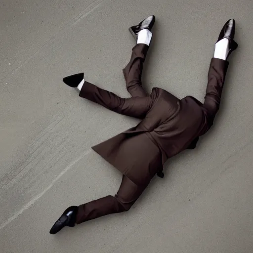 Prompt: Andy Richter is wearing a chocolate brown suit and necktie. Andy is lying flat on a concrete ground. Ariel view.