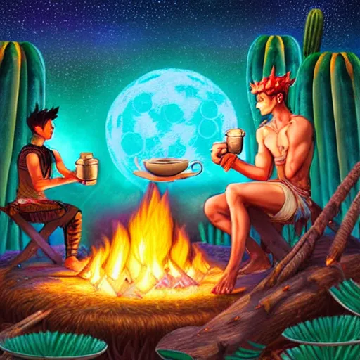 Prompt: richly detailed colored pencil 3 d illustration of spartan drinking tea at campfire with trichocereus background and smoke haze full moon ayahuasca peyote art by rossdraws range murata and artgerm fantasy