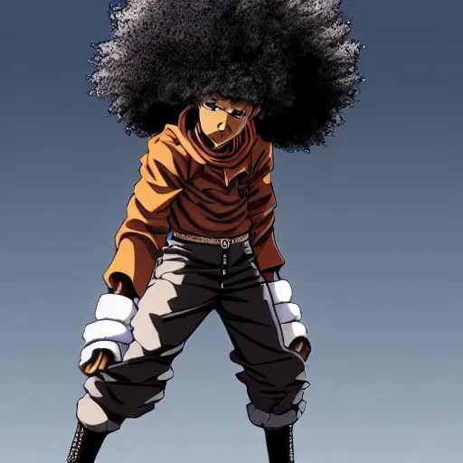 Image similar to cool brown skinned anime character with afro hair, wearing rick owens 2 0 2 2 outfit in the style of dorohedoro anime, 3 d high definition