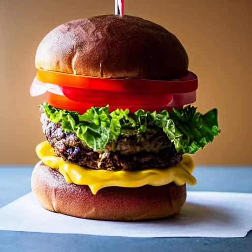 Image similar to colossal tall burger, stacked, award winning food photography, golden hour, holy