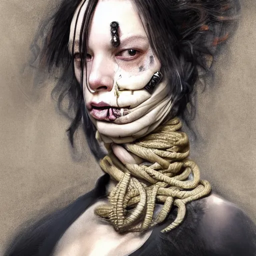 Image similar to portrait of a Shibari rope wrapped face and neck, headshot, insanely nice professional hair style, dramatic hair color, digital painting, of a old 15th century, old cyborg merchant, amber jewels, baroque, ornate clothing, scifi, realistic, hyperdetailed, chiaroscuro, concept art, art by Franz Hals and Jon Foster and Ayami Kojima and Amano and Karol Bak,