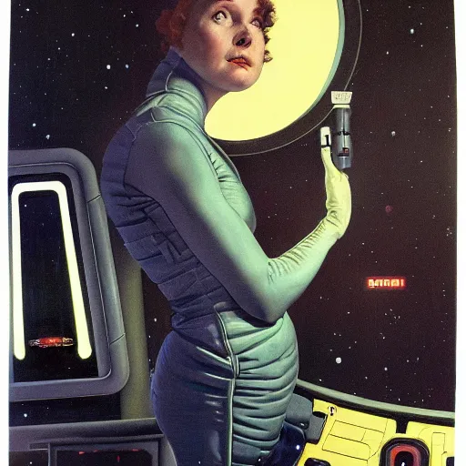 Image similar to portrait of a woman with a bulky sci - fi jumpsuit in a dark and scary spaceship, by norman rockwell