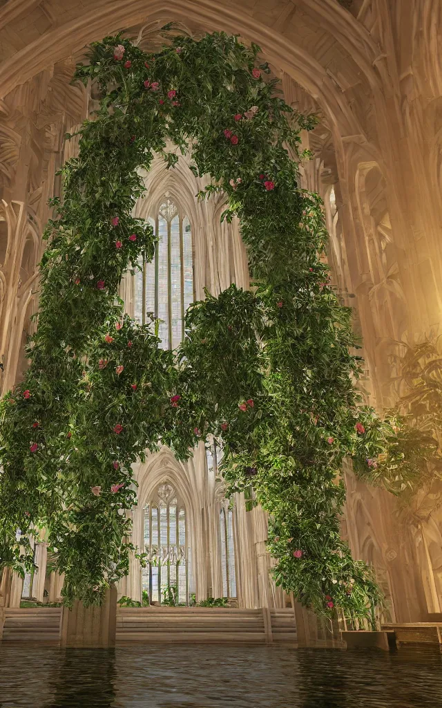 Image similar to beautiful grand cathedral interior with!! koi pond!! in the! middle! surrounded by palm trees, ivy,!! flowers!!, ( tropical plants ),!! roses!!, and with archways, rendered in octane render with photorealistic volumetric cinematic lighting, wide angle, horizontal symmetry, symmetrical! 8 k