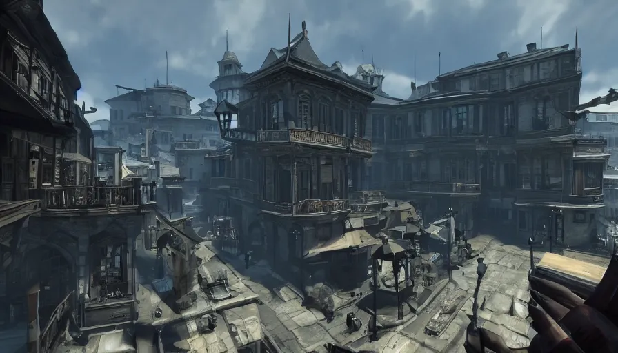 Image similar to first person view of a town square in the game dishonored, fantasy