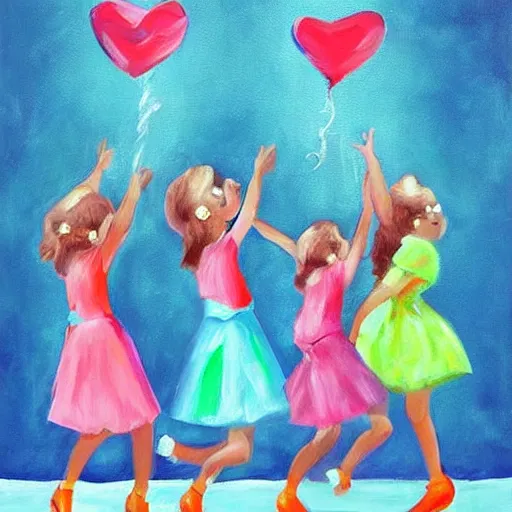 Prompt: art decor image of girls having fun at a party realistic painting with hearts in the air