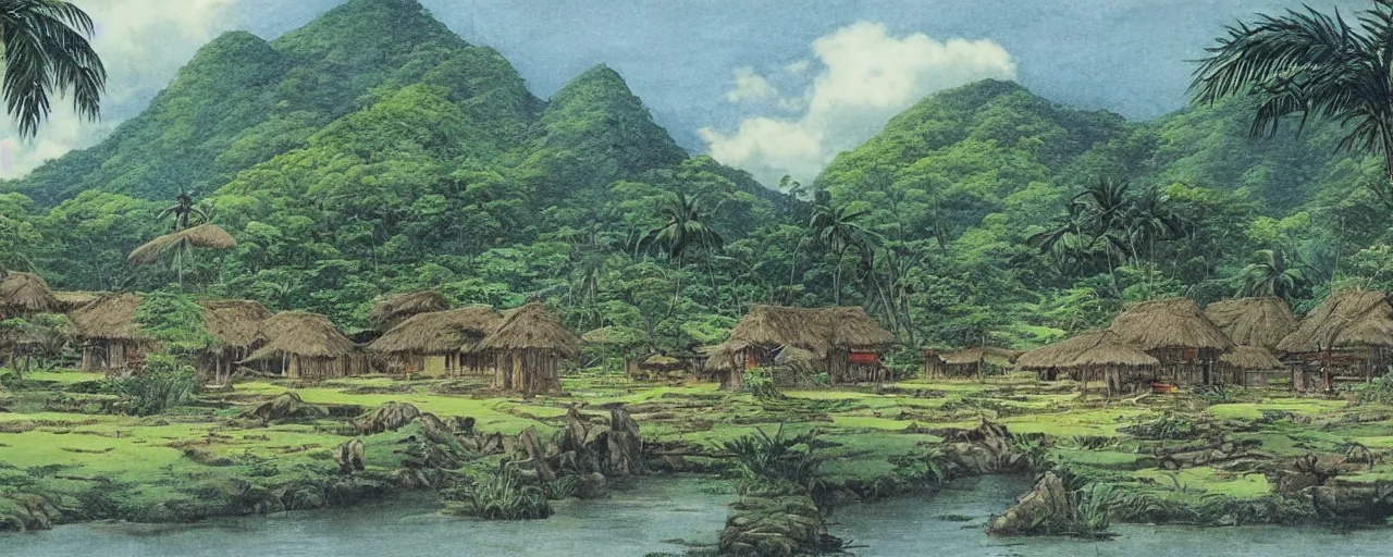 Prompt: a 2D drawing of a beautiful Philippine Rural Town landscape, majestic and exotic, by hiroshi yoshida