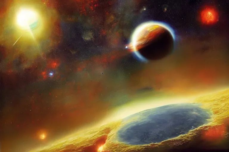 Prompt: earth-like exoplanet, cinematic, nebulas, Chris Foss