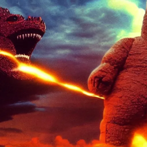 Prompt: a giant teddy ruxpin as godzilla destroying a city, hyperrealistic, dramatic lighting, black clouds and lighting in the sky