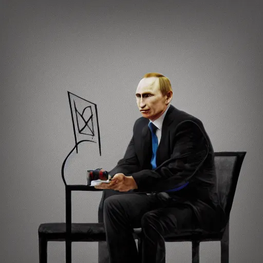 Image similar to a person looking like vladimir putin sitting on chair which looks like sponch bob, digital painting, photorealistic, symmetrical style