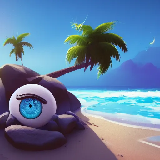 Prompt: A rock with googly eyes, the rock is chilling on the beach, palm trees swaying in the wind, the moon rising on the horizon, stars glistening in the night, hyperdetailed, artstation, cgsociety, 8k