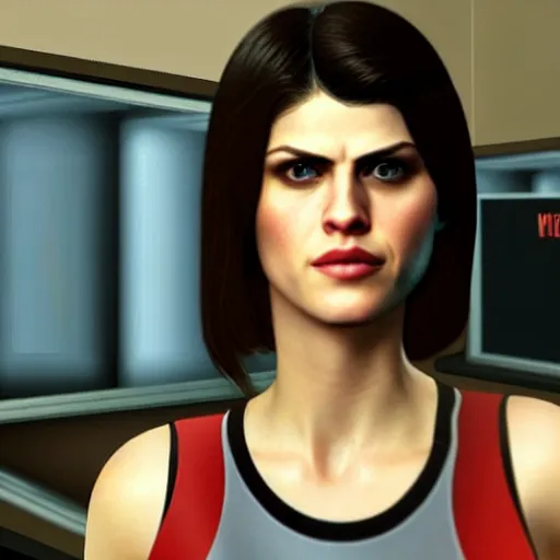 Image similar to a screenshot of alexandra daddario in the video game fallout new vegas. 3 d rendering. unreal engine. amazing likeness. very detailed. cartoon caricature