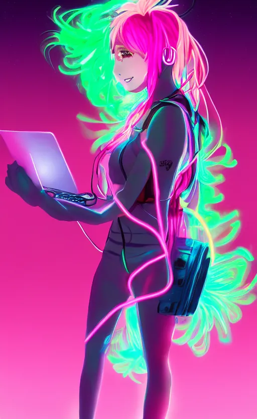 Image similar to anime girl with glowing neon hair wearing fit neon clothing and headphones while holding a laptop, WLOP, concept art, digital painting, trending on artstation, highly detailed, epic composition, 8k UHD