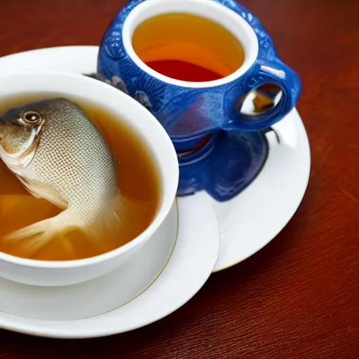 Prompt: fish in a cup of tea, food photography