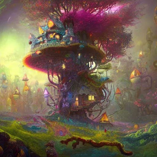 Prompt: detailed concept colorful fantasy painting of a transcendental treehouse, artwork by Paul Lehr and Lexander Jansson, cinematic lighting, hyperdetailed, 8k, high resolution, insanely detailed and intricate, octane render