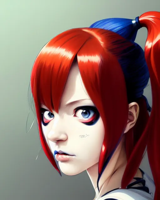 Prompt: portrait Anime as harley-quinn character girl cute-fine-face, brown-red-hair pretty face, realistic shaded Perfect face, fine details. Anime. realistic shaded lighting by Ilya Kuvshinov katsuhiro otomo ghost-in-the-shell, magali villeneuve, artgerm, rutkowski, WLOP Jeremy Lipkin and Giuseppe Dangelico Pino and Michael Garmash and Rob Rey