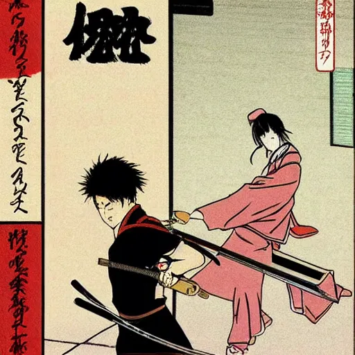 Prompt: Japanese schoolgirl runs away from Samurai with a katana on the subway by Toshio Saeki