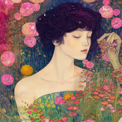 Image similar to a beautiful intricate watercolor illustration of a dreaming girl with flowers, leaves, 4 k, ultra - wide angle, by william turner, by victo ngai, by gustav klimt, hd, trending on artstation, hyper detailed, muted intense colors