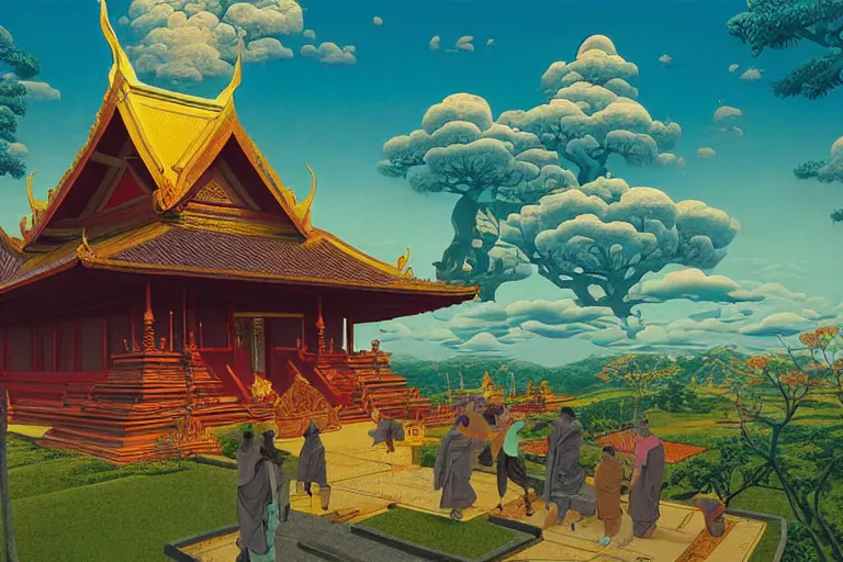 Image similar to summer morning, thai temple, rolling mountain, very coherent and colorful high contrast, art by gediminas pranckevicius, geof darrow, franz sedlacek, dark shadows, hard lighting, ukiyo - e