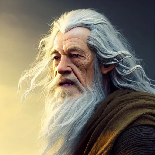 Image similar to selfie of gandalf, fine detailed face, long curly hair, stunning 3 d render inspired art by greg rutkowski and xiang duan and thomas eakes, realistic, highly detailed attributes and atmosphere, dim volumetric cinematic lighting, 8 k octane detailed render, post - processing, masterpiece, golden hour, soft focus