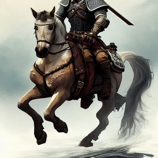 Image similar to geralt the witcher 3 riding a horse with obama, d & d, fantasy, intricate, elegant, highly detailed, digital painting, artstation, concept art, matte, sharp focus, illustration, hearthstone, art by artgerm, art by greg rutkowski, art by alphonse mucha