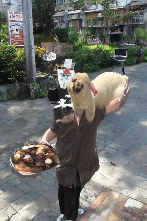 Prompt: a cute Capybara delivering pizza