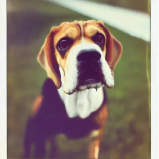 Image similar to grainy polaroid photo of a monstrous beagle