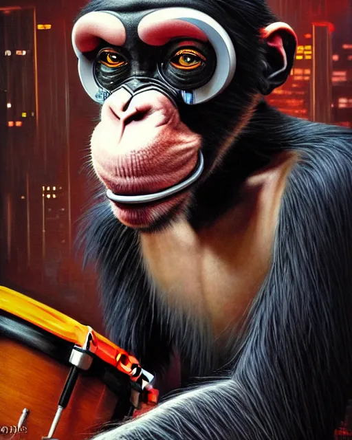 Prompt: a portrait of an anthropomorphic cyberpunk chimp banging on the drums by sandra chevrier, by jon foster, detailed render, epic composition, cybernetics, 4 k realistic, cymbal, cryengine, realistic shaded lighting, sharp focus, masterpiece, by enki bilal