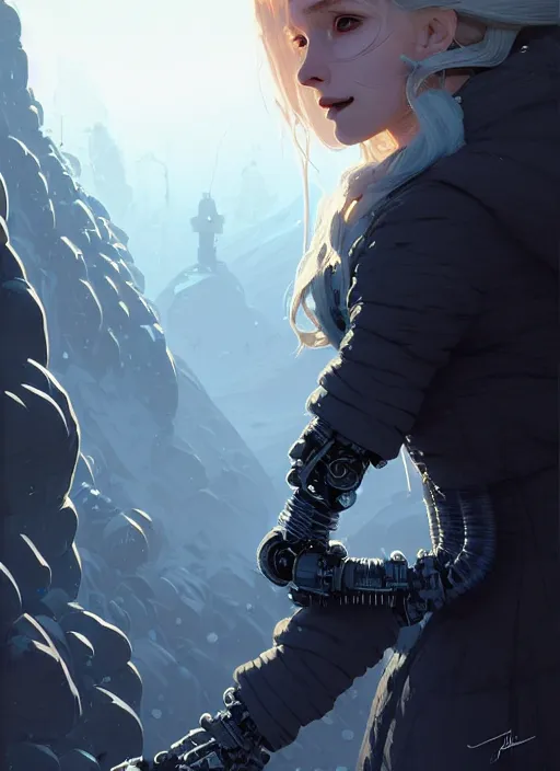 Image similar to highly detailed portrait of a hopeful frostpunk long blonde hair lady with robotic limbs, stray wiring by atey ghailan, james gilleard, by joe fenton, by greg rutkowski, by greg tocchini, by kaethe butcher, 4 k resolution, gradient blue, black and white color scheme!!! ( ( glacier cave background ) )