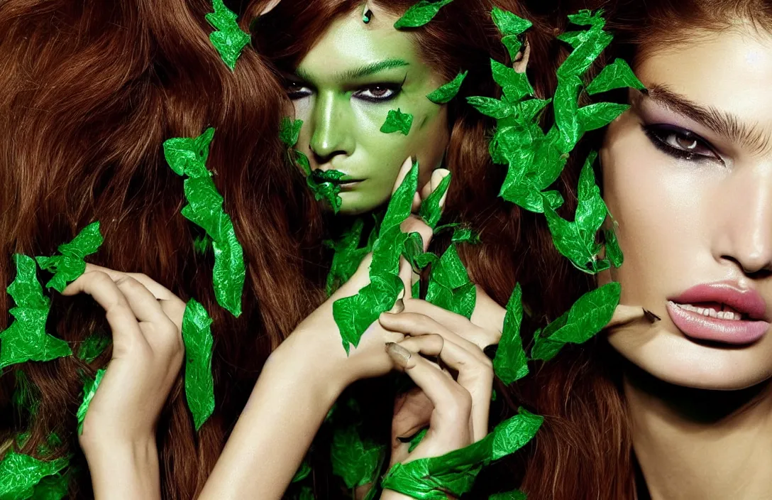 Image similar to A beautiful portrait of Ophelie Guillermand as Poison Ivy from Batman as a Versace fashion model Spring/Summer 2012, highly detailed, in the style of cinematic, Getty images, Milan fashion week backstage, Makeup by Pat McGrath, Greg rutkowski