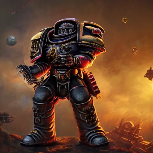 Image similar to a beautiful highly detailed matte painting of Warhammer 40k Space Marine Blood Ravens soldier standing next to a spaceship