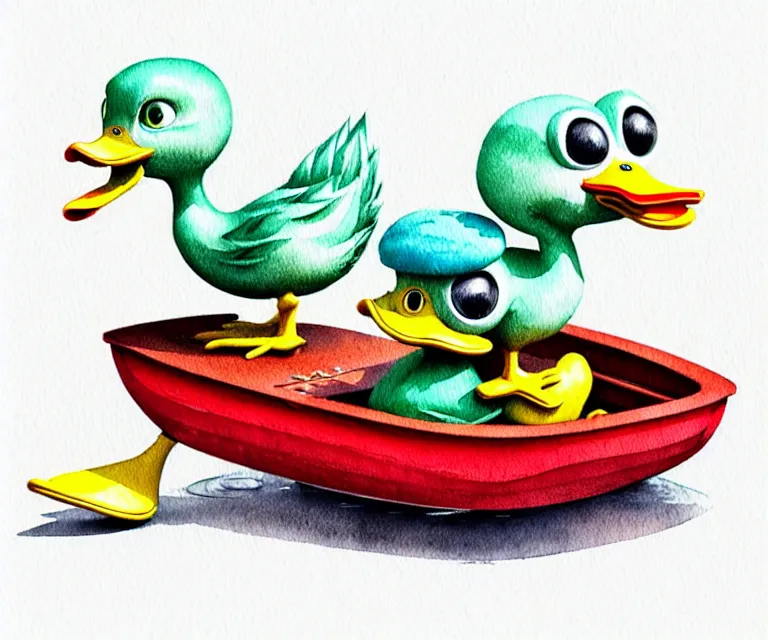 Image similar to cute and funny, duck riding in a tiny boat, ratfink style by ed roth, centered award winning watercolor pen illustration, isometric illustration by chihiro iwasaki, edited by craola, tiny details by artgerm and watercolor girl, symmetrically isometrically centered