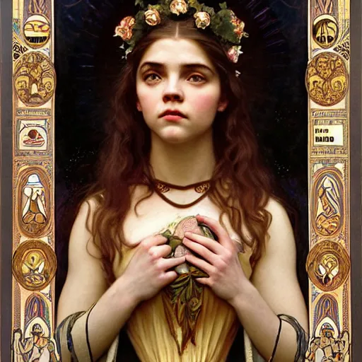 Prompt: detailed portrait art nouveau painting of the goddess of the moon, backlit, who resembles cyborg Anya Taylor Joy, Chloe Grace Moretz, and Emma Watson with anxious, piercing eyes, by Alphonse Mucha, Michael Whelan, William Adolphe Bouguereau, John Williams Waterhouse,and Donato Giancola