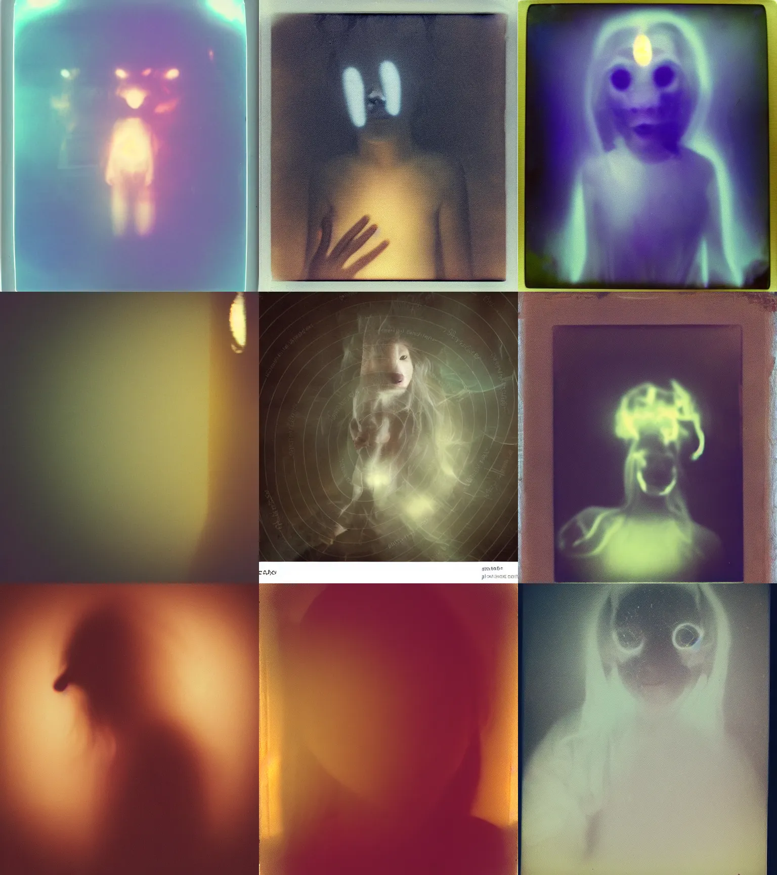 Prompt: faceless translucent cute spiritual entity face animal creature thing. studio portrait. bad selfie, zoom blur, dreamlike, hazy, spirit photography, polaroid, glowing eyes