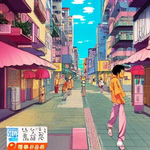 Image similar to man walking streets of quarter latin, sprite, vaporwave nostalgia, directed by beat takeshi, visual novel cg, 8 0 s anime vibe, kimagure orange road, maison ikkoku, sketch by osamu tezuka, directed by makoto shinkai and beat takeshi