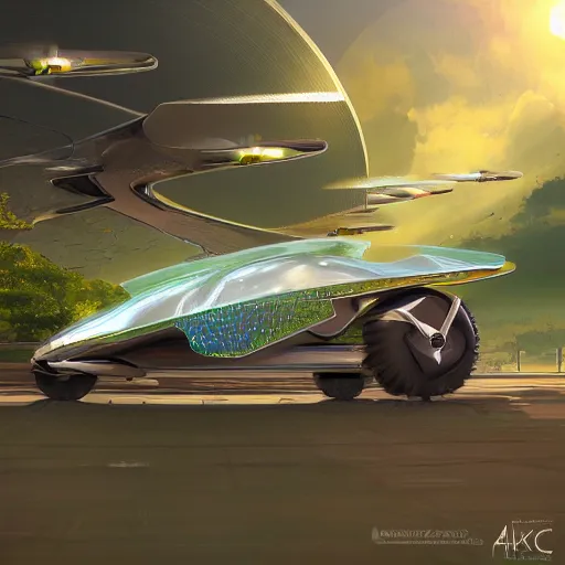 Image similar to solarpunk hovercar, clean energy, green technology, batoidea shape, airspace, sunny day, futurism, intricate, engines, autonomous, highly detailed, peaceful, utopia, bright, digital painting, advanced, artstation, concept art, smooth, sharp focus, epic landscape, art by akihiko yoshida and tim mcburnie and anato finnstark