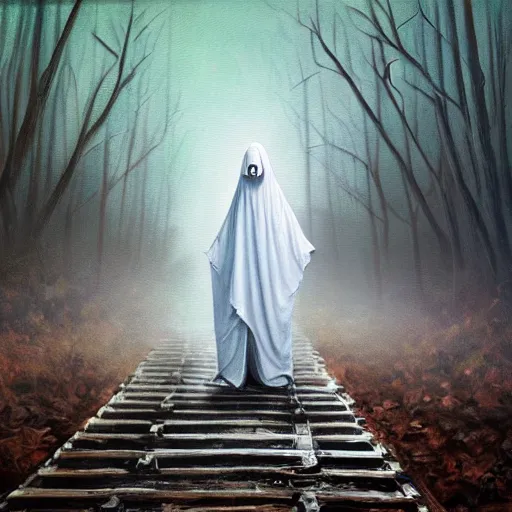 Image similar to ominous bedsheet ghost standing near train tracks in the forest, oil painting, brush strokes, gloomy foggy atmosphere, symmetrical, full body image, highly ornate intricate details,