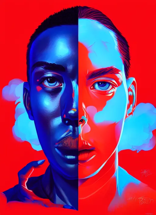 Image similar to red and blue color theme, beautiful hyperrealisitic portrait of burning police officer, tristan eaton, victo ngai, artgerm, rhads, ross draws