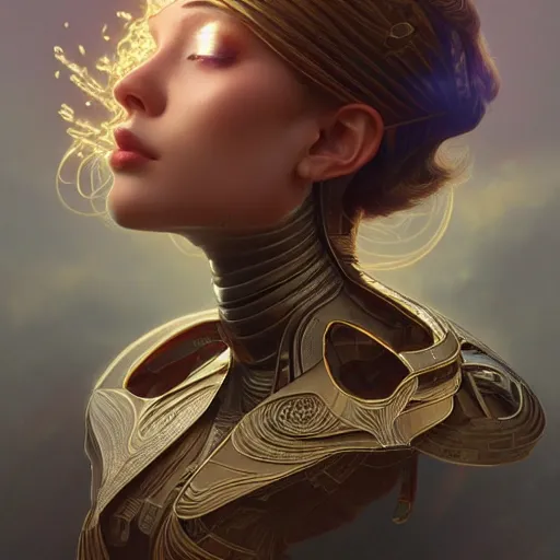 Image similar to a portait of anthropomorphic artificial intelligence, female, machine, intricate, highly detailed, digital painting, artstation, concept art, smooth, sharp focus, illustration, unreal engine 5, 8 k, art by artgerm and greg rutkowski and alphonse mucha