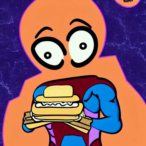 Prompt: the hero of the multiverse eating a ham and cheese sandwich