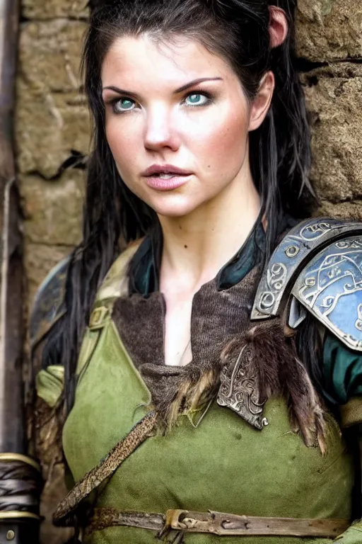 Image similar to fantasy character photo. female ranger. danielle campbell. facial expression of manic obsessive love. tall, lanky, athletic, wiry. brown dark forestgreen leather armor. little feathered hat, lightgreen, jauntily angled. black hair in ponytail. bright blue eyes. leaning against the exterior wall of a tavern