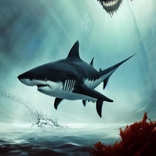 Prompt: a shark underwater with bloody mouth by greg rutkowski