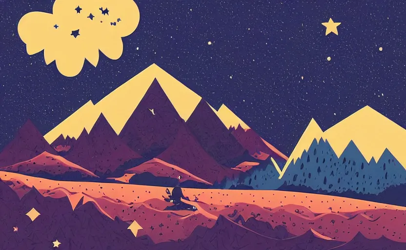 Prompt: mountains, stars and paisley filled sky, artstation, intricate, highly detailed, digital painting, concept art, sharp focus, illustration by Tom Whalen and James Jean