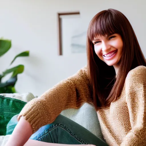 Image similar to Render of a cute 3d young woman smiling, long shiny bronze brown hair, full round face, emerald green eyes, medium skin tone, light cute freckles, smiling softly, wearing casual clothing, relaxing on a modern couch, interior lighting, cozy living room background, medium shot, mid-shot, soft focus, trending on Artstation, Unreal Engine 5 , 4k, professional photography, Portra 400