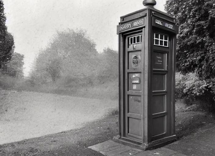 Prompt: photo of a metropolitan police box in suburban london, police box, 1930s, sepia, wide shot