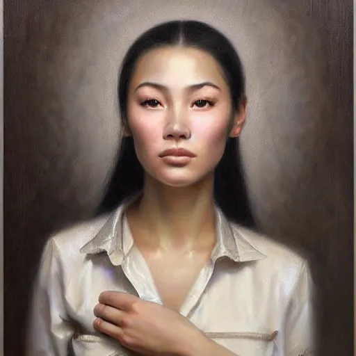 Image similar to beautiful portrait of a kazakh, ( waitress ) girl, by casey baugh,, vladimir kush!!, yasunari ikenaga, yasar vurdem, william oxer