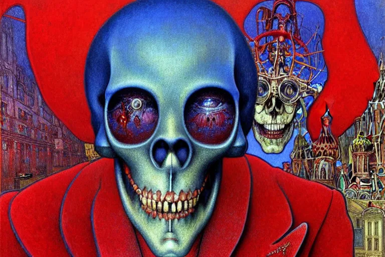 Image similar to realistic detailed closeup portrait painting of a single skeleton wearing red velvet blazer in a crowded futuristic moscow street by Jean Delville, Amano, Yves Tanguy, Alphonse Mucha, Ernst Haeckel, Edward Robert Hughes, Roger Dean, rich moody colours, blue eyes