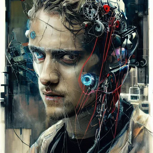 Image similar to boyd holbrook as a cyberpunk hacker, skulls, wires cybernetic implants, machine noir grimcore, in the style of adrian ghenie esao andrews jenny saville surrealism dark art by james jean takato yamamoto and by ashley wood