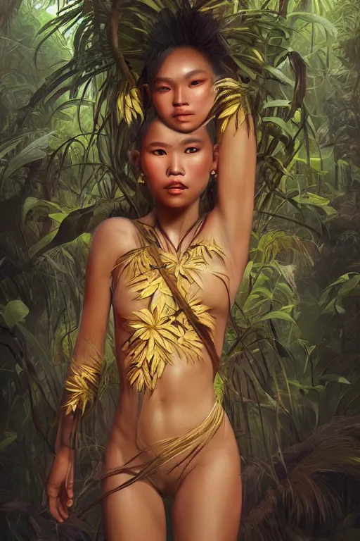 Prompt: stunningly beautiful, filipina dancer in jungle, symmetrical face, golden hour, smooth, focus, highly detailed, hyper realistic, dramatic lighting, elegant, intricate, concept art, art by wlop, mars ravelo, greg rutowski, artstation